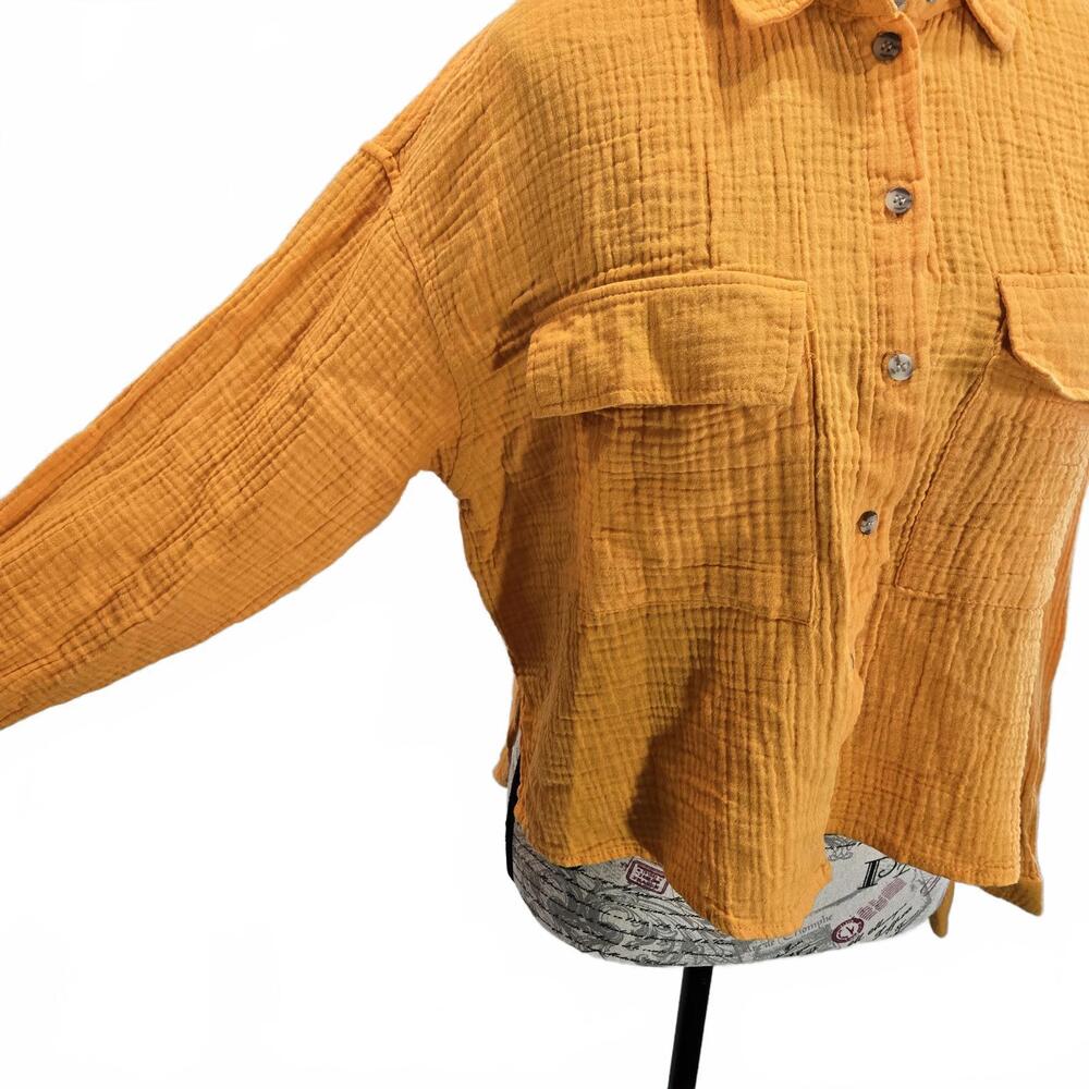 Women's Passport Orange Cropped Crinkle Gauze Button Up Long Sleeve Crop Shirt
